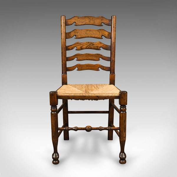 Set Of 8 Vintage Lancashire Wavy Line Ladder Back Chairs, Oak, Georgian Revival