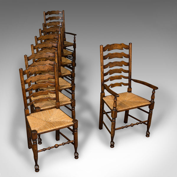 Set Of 8 Vintage Lancashire Wavy Line Ladder Back Chairs, Oak, Georgian Revival