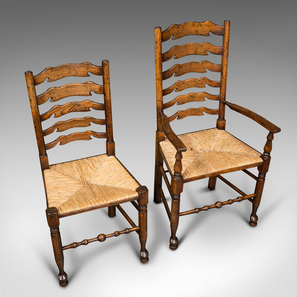 Set Of 8 Vintage Lancashire Wavy Line Ladder Back Chairs, Oak, Georgian Revival