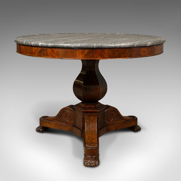 Antique Drum Table, English, Flame, Marble, Circular, Centre, Regency, C.1820