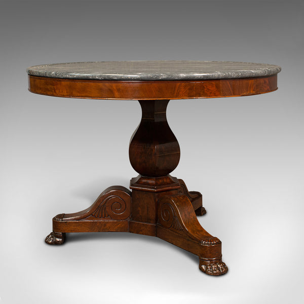 Antique Drum Table, English, Flame, Marble, Circular, Centre, Regency, C.1820