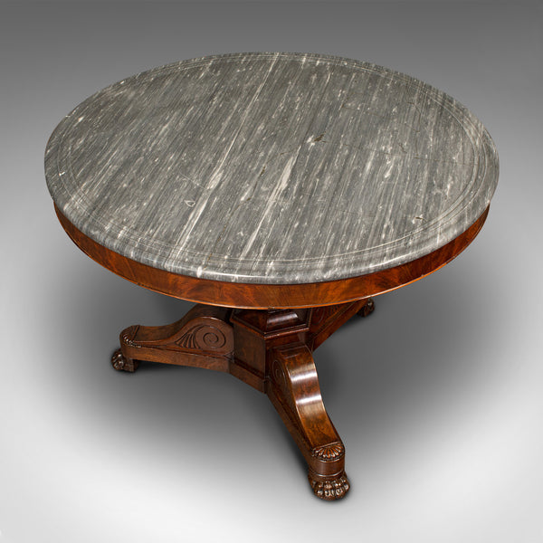 Antique Drum Table, English, Flame, Marble, Circular, Centre, Regency, C.1820