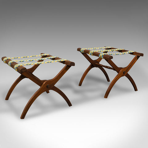 Pair Of Vintage Luggage Rests, English, Needlepoint, Folding Case Stand, C.1960