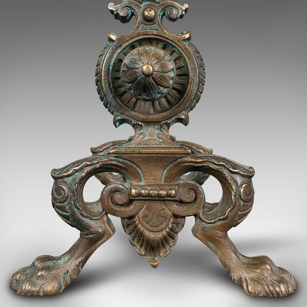 Pair Of Antique Decorative Fire Dogs, English, Bronze, Tool Rest, Art Nouveau