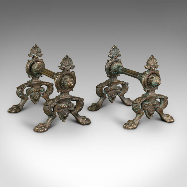 Pair Of Antique Decorative Fire Dogs, English, Bronze, Tool Rest, Art Nouveau