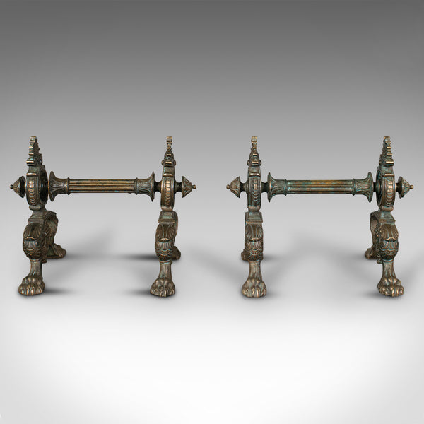 Pair Of Antique Decorative Fire Dogs, English, Bronze, Tool Rest, Art Nouveau