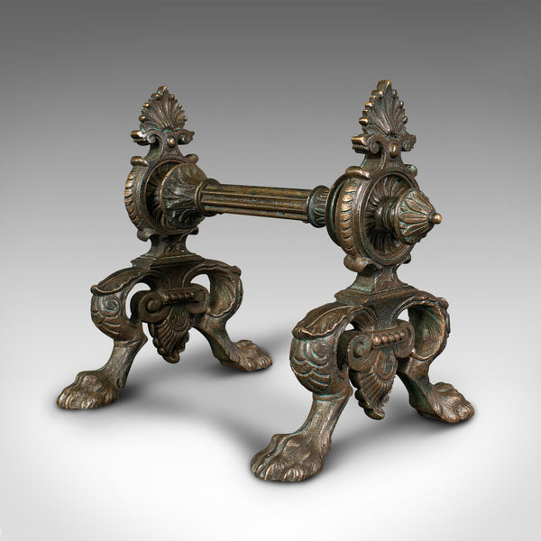 Pair Of Antique Decorative Fire Dogs, English, Bronze, Tool Rest, Art Nouveau
