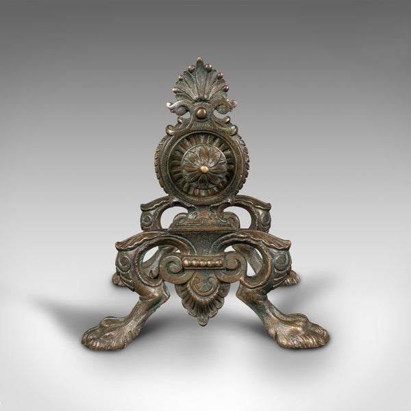 Pair Of Antique Decorative Fire Dogs, English, Bronze, Tool Rest, Art Nouveau