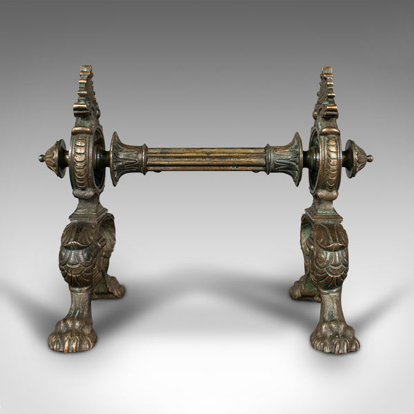 Pair Of Antique Decorative Fire Dogs, English, Bronze, Tool Rest, Art Nouveau