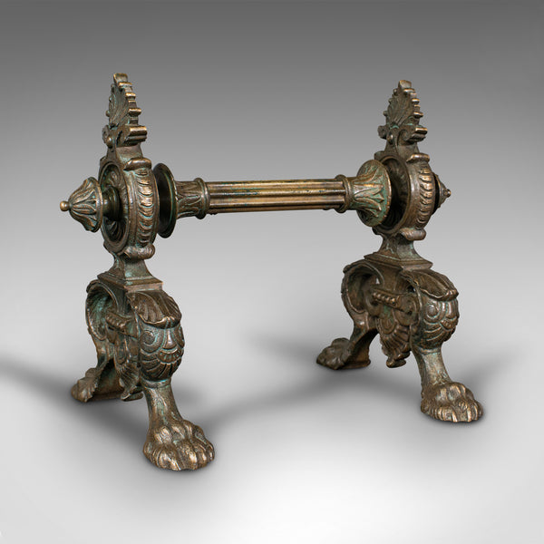 Pair Of Antique Decorative Fire Dogs, English, Bronze, Tool Rest, Art Nouveau