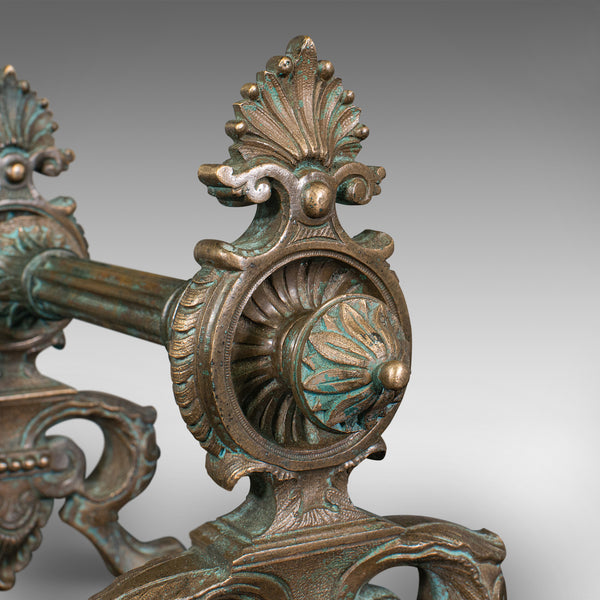 Pair Of Antique Decorative Fire Dogs, English, Bronze, Tool Rest, Art Nouveau