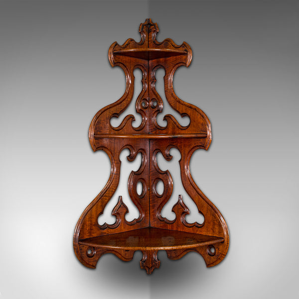 Antique 3-Tier Hanging Whatnot, English, Walnut, Corner Wall Shelf, Victorian