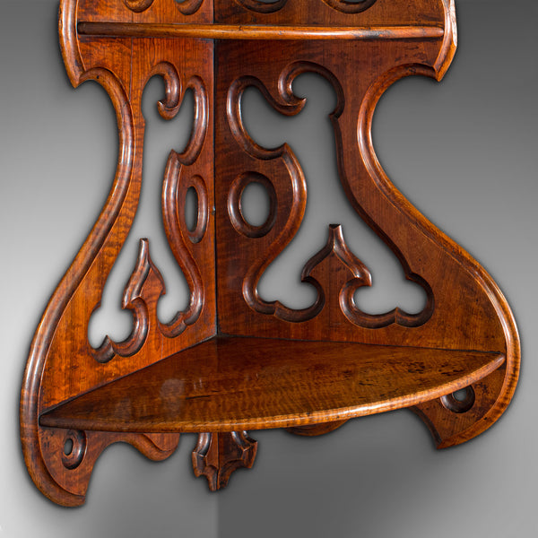 Antique 3-Tier Hanging Whatnot, English, Walnut, Corner Wall Shelf, Victorian