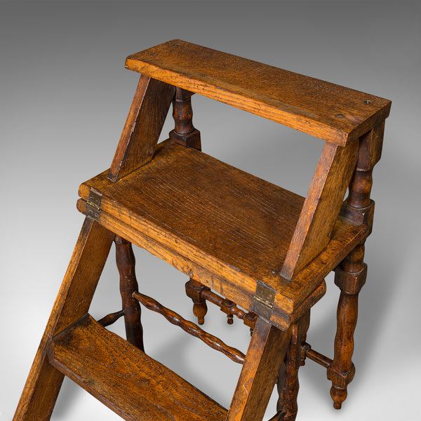 Set Of Antique Metamorphic Library Steps, English, Oak, Folding Chair, Georgian