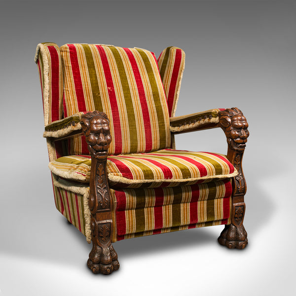 Vintage Wing Back Arm Chair, English, Oak, Armchair, Gothic Revival, Circa 1950