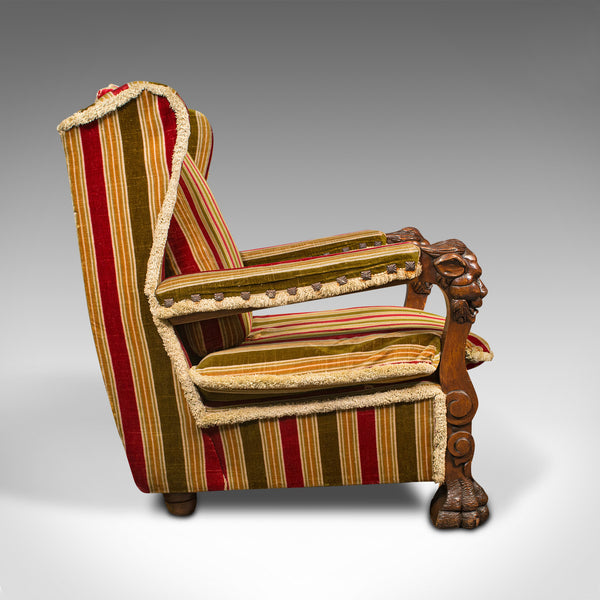 Vintage Wing Back Arm Chair, English, Oak, Armchair, Gothic Revival, Circa 1950