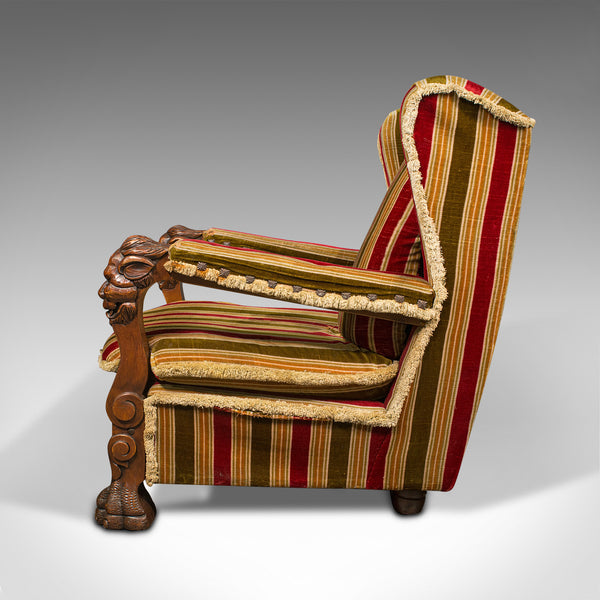 Vintage Wing Back Arm Chair, English, Oak, Armchair, Gothic Revival, Circa 1950