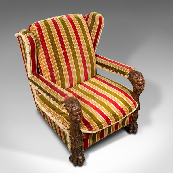 Vintage Wing Back Arm Chair, English, Oak, Armchair, Gothic Revival, Circa 1950