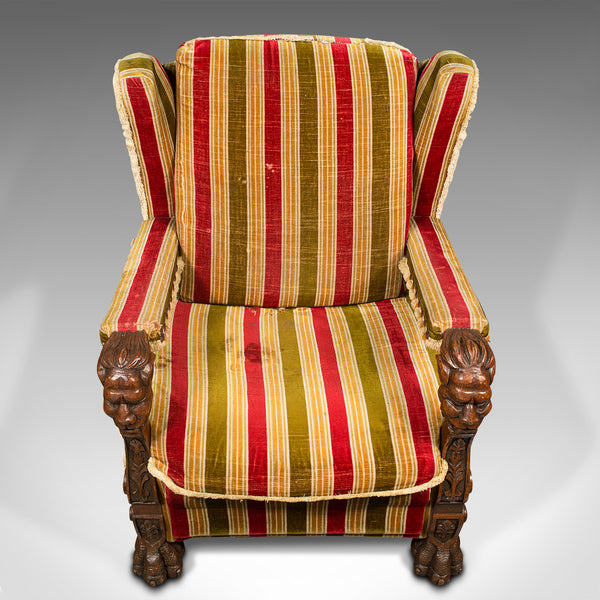 Vintage Wing Back Arm Chair, English, Oak, Armchair, Gothic Revival, Circa 1950