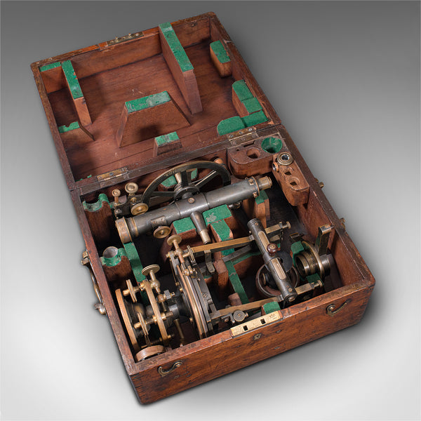 Antique Surveyor's Theodolite, English, Brass Compass, Oak Case, Edwardian, 1910