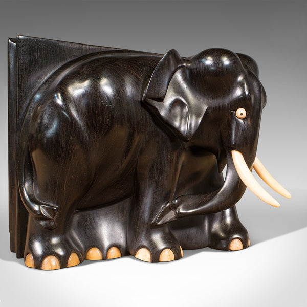 Pair Of Antique Elephant Bookends, English, Ebony, Carved, Book Rest, Victorian