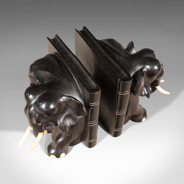 Pair Of Antique Elephant Bookends, English, Ebony, Carved, Book Rest, Victorian