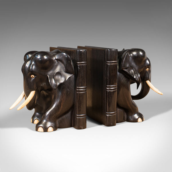 Pair Of Antique Elephant Bookends, English, Ebony, Carved, Book Rest, Victorian