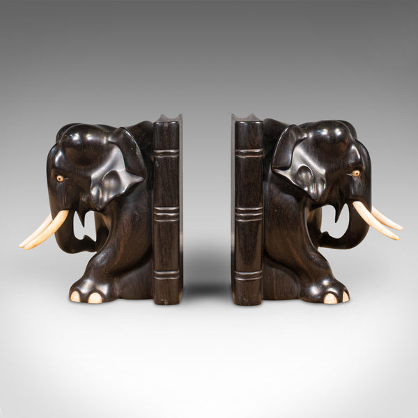 Pair Of Antique Elephant Bookends, English, Ebony, Carved, Book Rest, Victorian