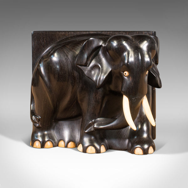 Pair Of Antique Elephant Bookends, English, Ebony, Carved, Book Rest, Victorian