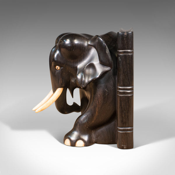 Pair Of Antique Elephant Bookends, English, Ebony, Carved, Book Rest, Victorian