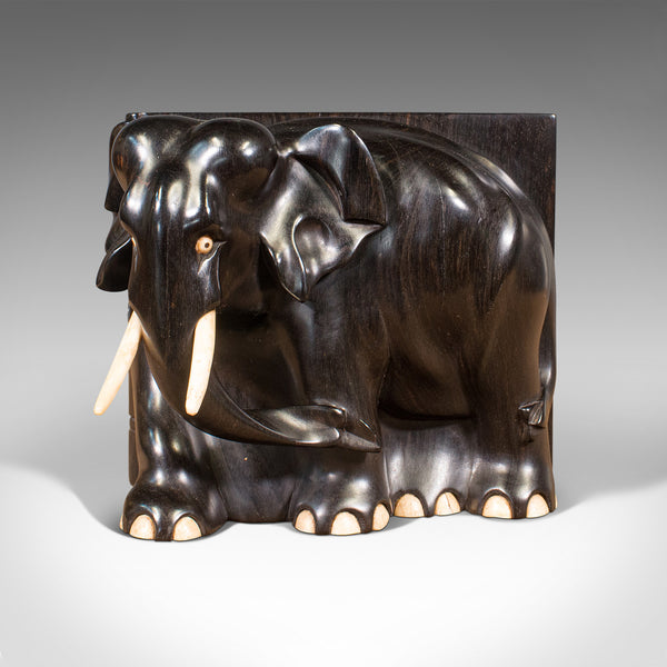Pair Of Antique Elephant Bookends, English, Ebony, Carved, Book Rest, Victorian