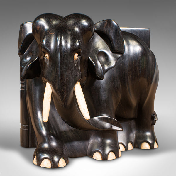 Pair Of Antique Elephant Bookends, English, Ebony, Carved, Book Rest, Victorian