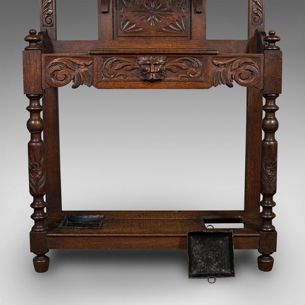 6' 5" Tall Antique Hall Stand, English Oak, Coat Rack, Gothic Revival, Victorian