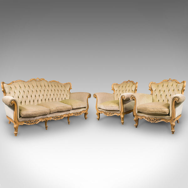 Vintage Button Back Suite, French, Sofa, Settee, Armchair, Louis XV Revival