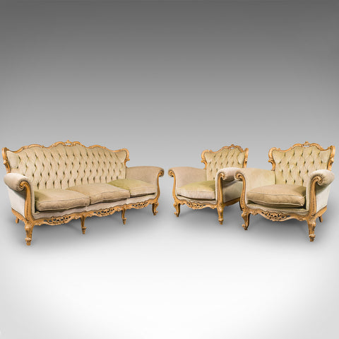 Vintage Button Back Suite, French, Sofa, Settee, Armchair, Louis XV Revival
