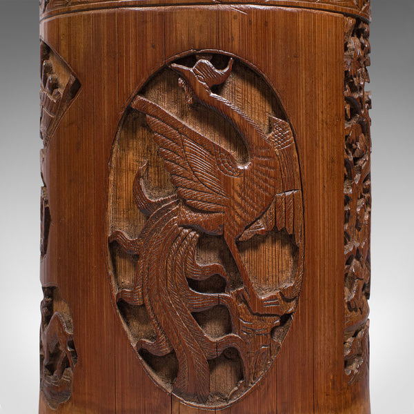 Antique Artist's Brush Pot, Chinese, Carved Bamboo, Treen, Victorian, Circa 1900