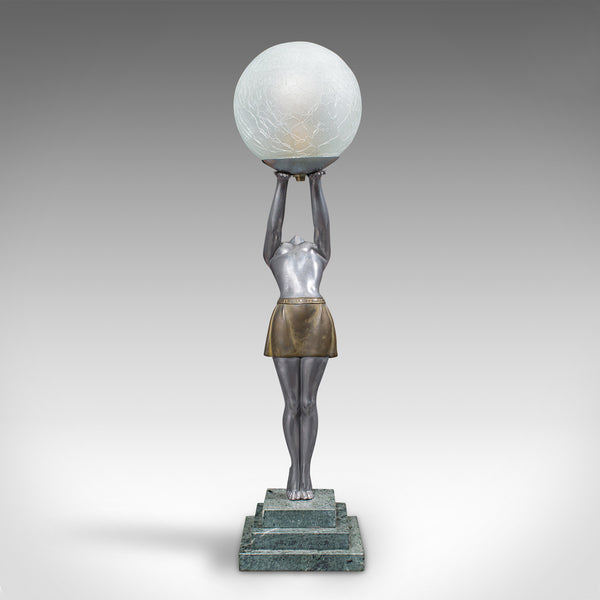 Vintage Figural Table Lamp, French, Spelter Desk Light, Art Deco, Balleste, 1930