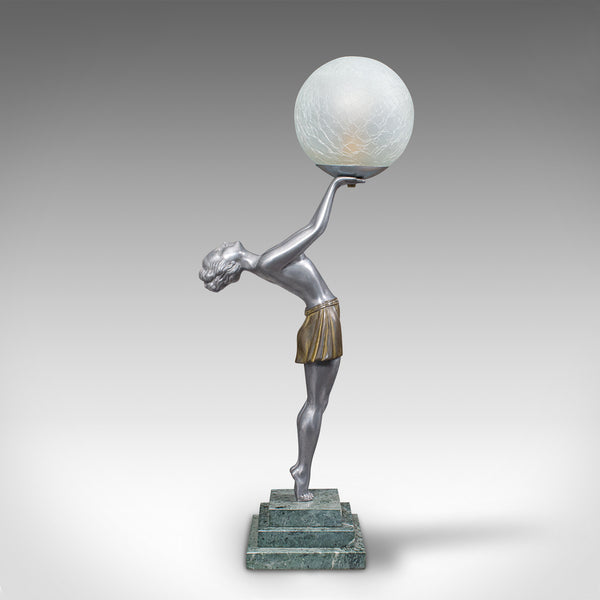 Vintage Figural Table Lamp, French, Spelter Desk Light, Art Deco, Balleste, 1930