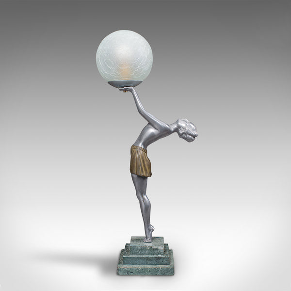 Vintage Figural Table Lamp, French, Spelter Desk Light, Art Deco, Balleste, 1930