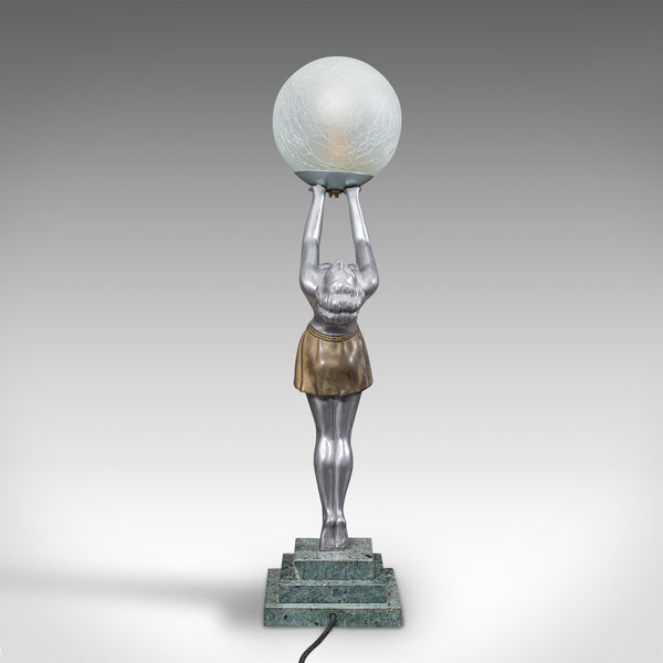 Vintage Figural Table Lamp, French, Spelter Desk Light, Art Deco, Balleste, 1930
