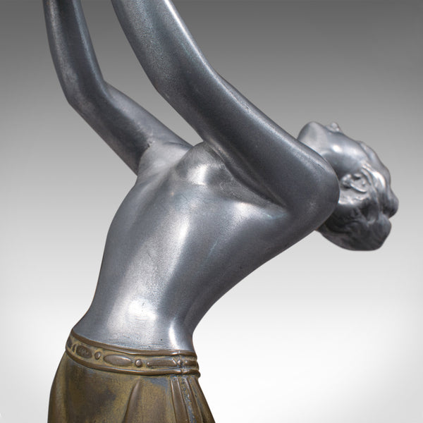 Vintage Figural Table Lamp, French, Spelter Desk Light, Art Deco, Balleste, 1930