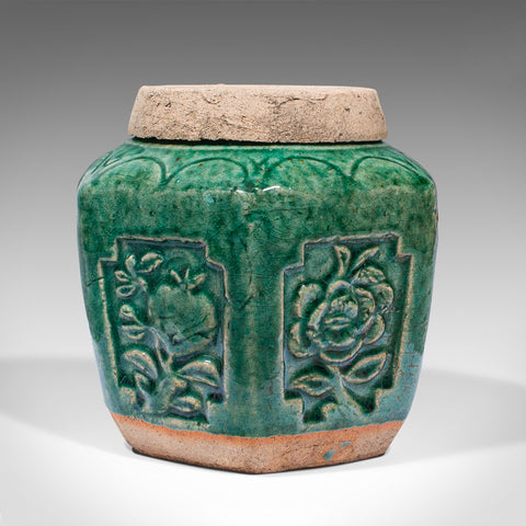 Antique Hexagonal Spice Jar, Japanese, Glazed Earthenware, Pot, Meiji, Victorian