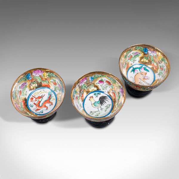 Set of 12 Vintage Zodiac Cups, Chinese, Ceramic Miniature Dish, Kung Fu Teacup