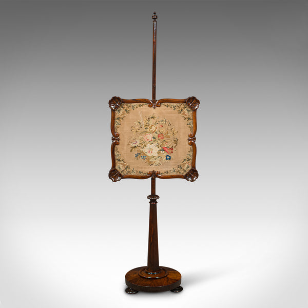 Antique Fireside Pole Screen, English, Needlepoint Tapestry, Adjustable, Regency