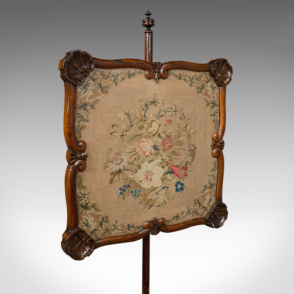 Antique Fireside Pole Screen, English, Needlepoint Tapestry, Adjustable, Regency