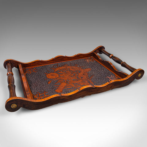 Antique Pokerwork Serving Tray, English, Afternoon Tea, Art Nouveau, Victorian