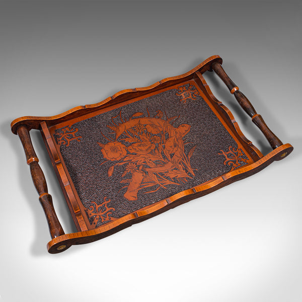 Antique Pokerwork Serving Tray, English, Afternoon Tea, Art Nouveau, Victorian