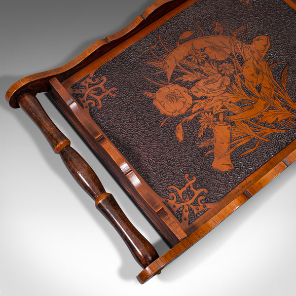 Antique Pokerwork Serving Tray, English, Afternoon Tea, Art Nouveau, Victorian