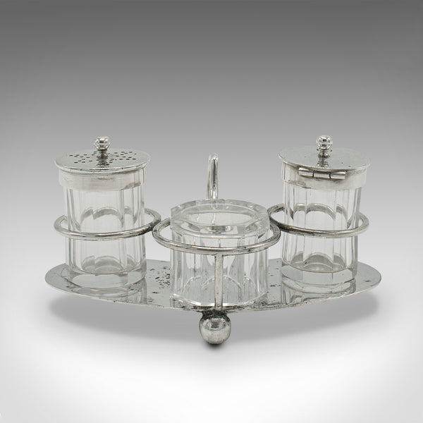 Cased Antique Cruets, English, Silver Plate, Condiment Stands, Edwardian, C.1910
