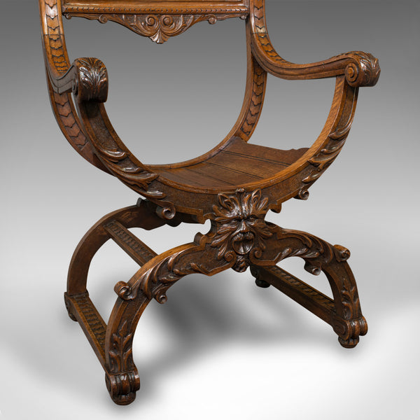 Antique Savonarola Armchair, English, Gothic Revival, James Shoolbred, Victorian